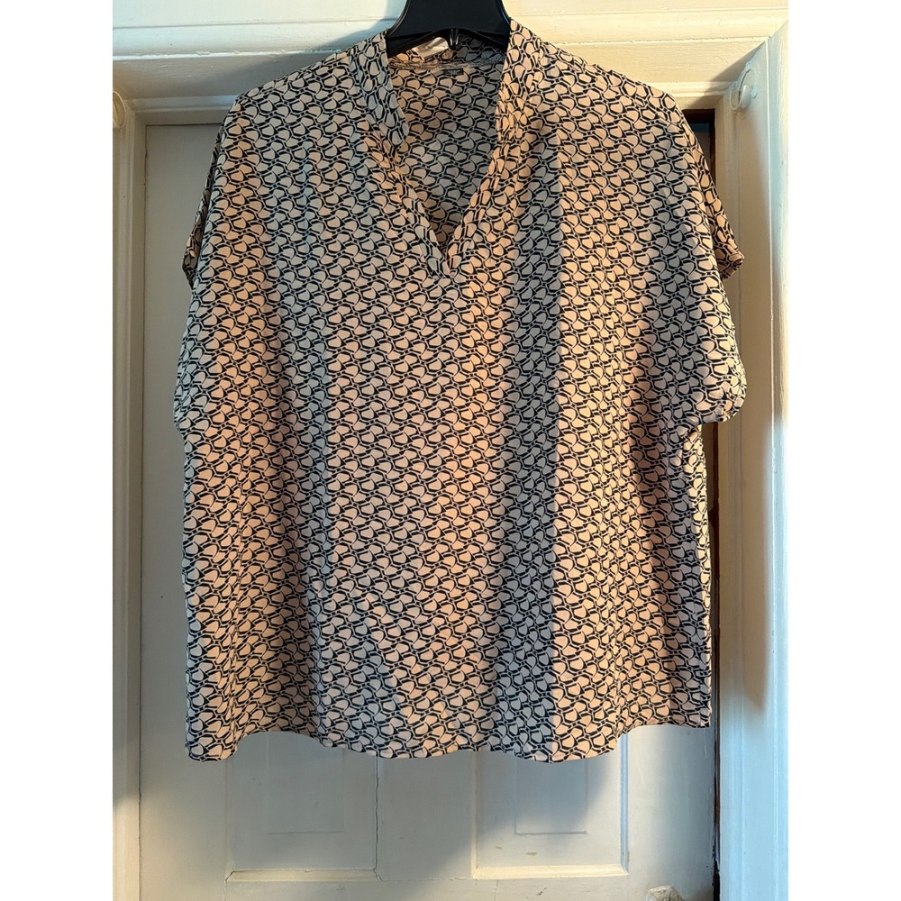 SHEIN Curve 3XL Tan Black Geometric Chain Print V-Neck Short Sleeve Blouse